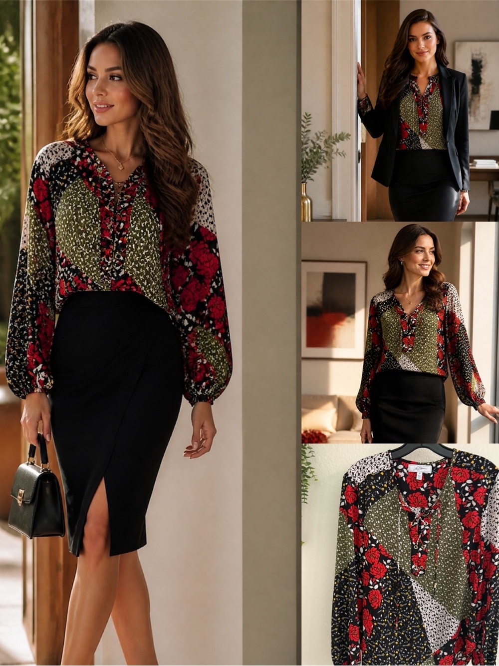 Libby Edelman Floral Patchwork Lace-Up Blouse Medium Boho Long Sleeve Top